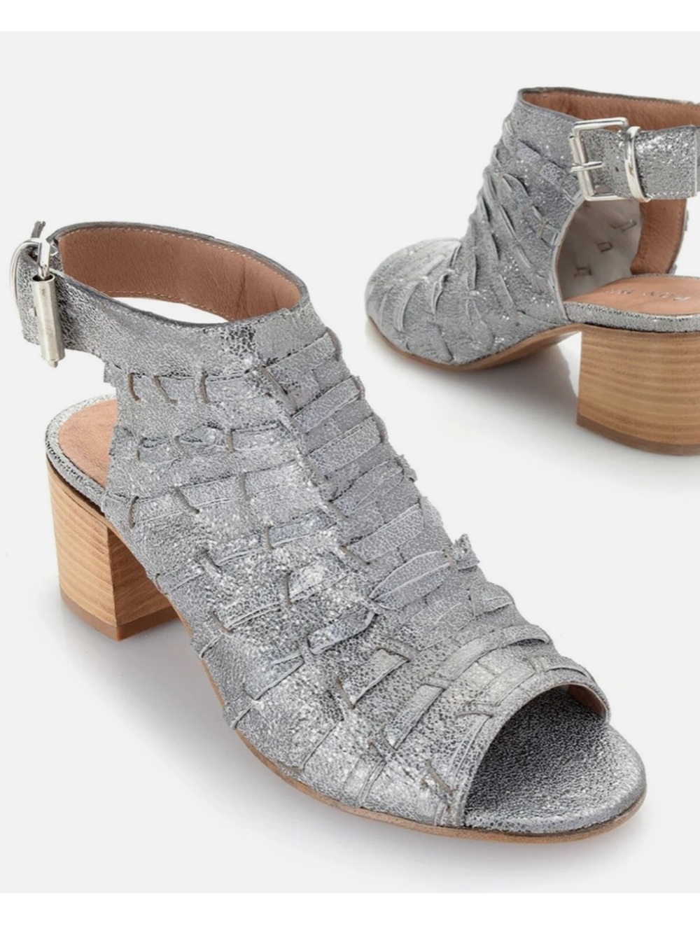 Ron White Damica Ribbon Leather Weave Peep Toe Slingback Sandal 2” Pewter 36